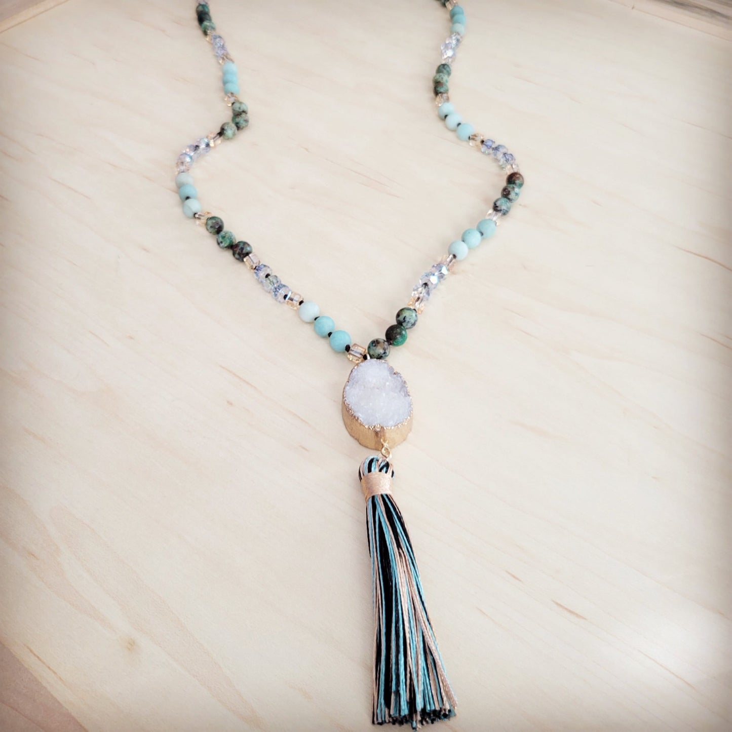 Long Amazonite Necklace with Genuine White Druzy Pendant 262j