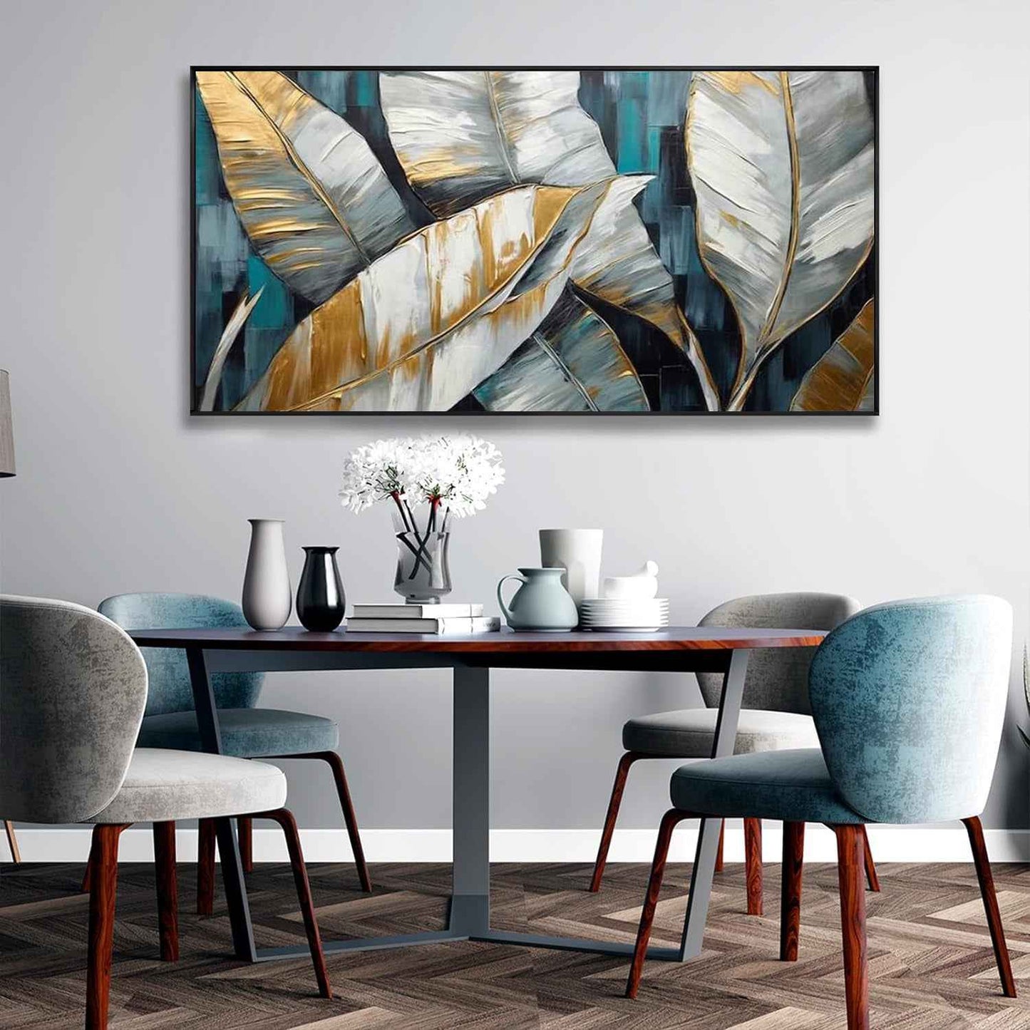 Handmade Oil Painting Canvas Wall Art Decoration Abstract Large Golden Green Banana Leaves Pictures Modern Family Bedroom Decor Rolled Frameless Unstretched Painting
