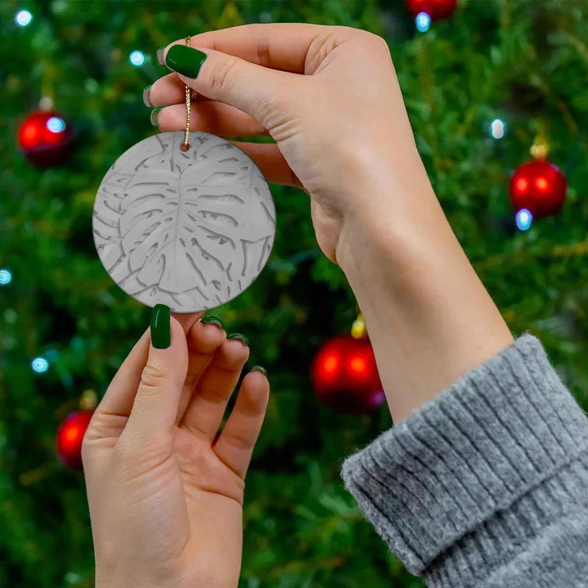 Gray Monstera Ceramic Ornament
