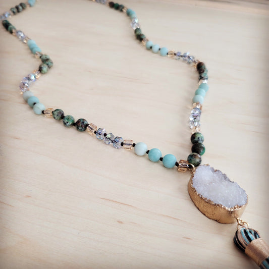 Long Amazonite Necklace with Genuine White Druzy Pendant 262j