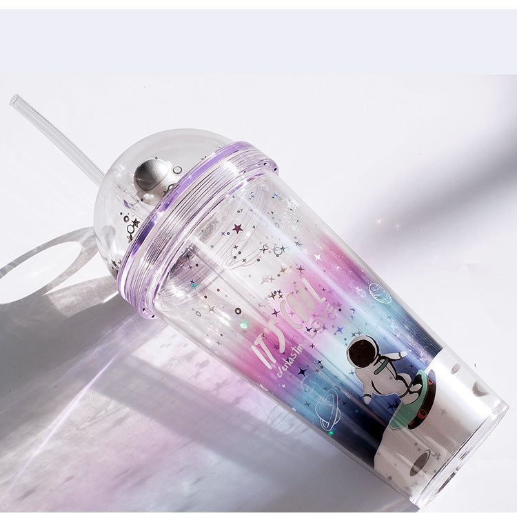Girlwill Personality Gradient Space Flight Double Straw Cup Plastic Water Cup Creative Custom Summer Handy Cup