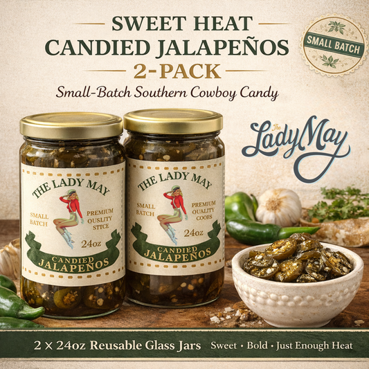 Sweet Heat Candied Jalapeños 2 pack – The Lady May’s Small-Batch Cowboy Candy | Sweet & Spicy Pickled Jalapeños in 24oz Glass Jar