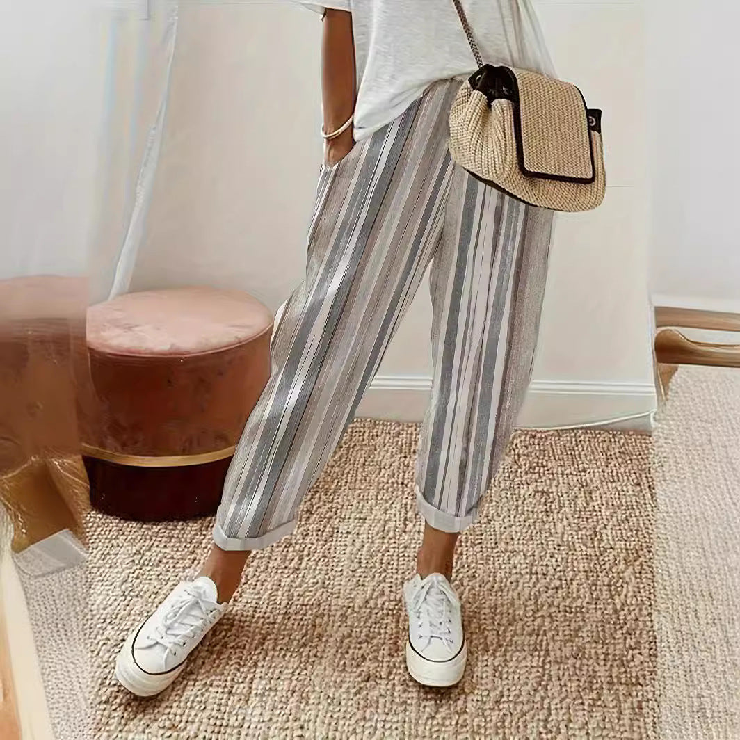 Womens Striped Cropped Casual Pants - Loose Fit Breathable Commuter Trousers