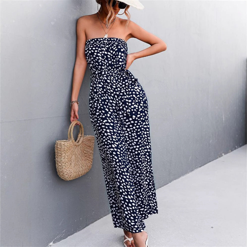 Womens Printed Bandeau Jumpsuit - Strapless Wide Leg Japandi Style Romper