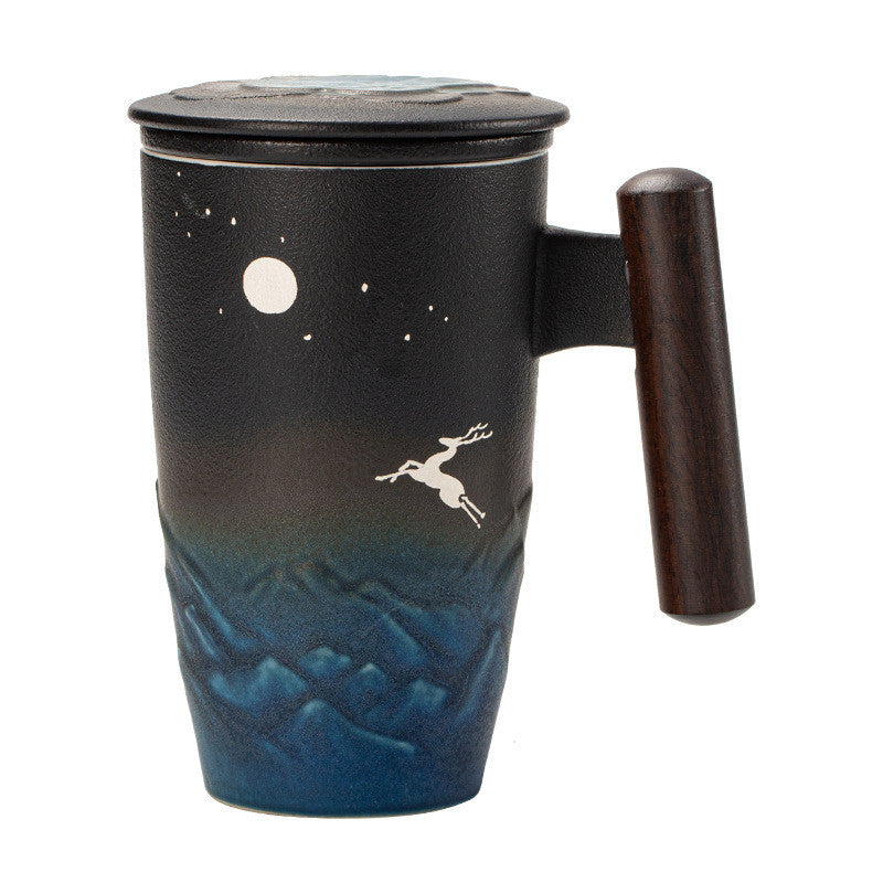 Large capacity tea cup with filter cover and starry sky pattern