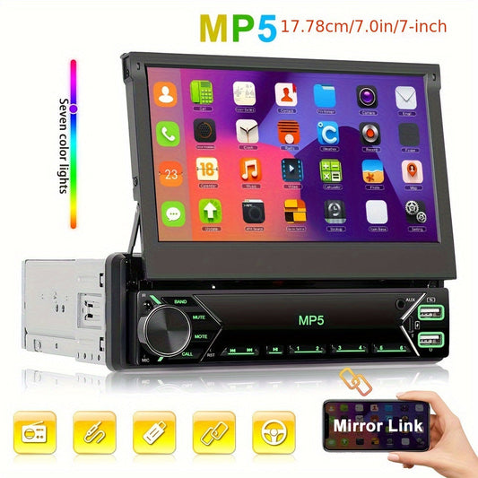 7" HD Retractable Touch Screen Car Stereo - Single Din MP5 Player with Mirror Link