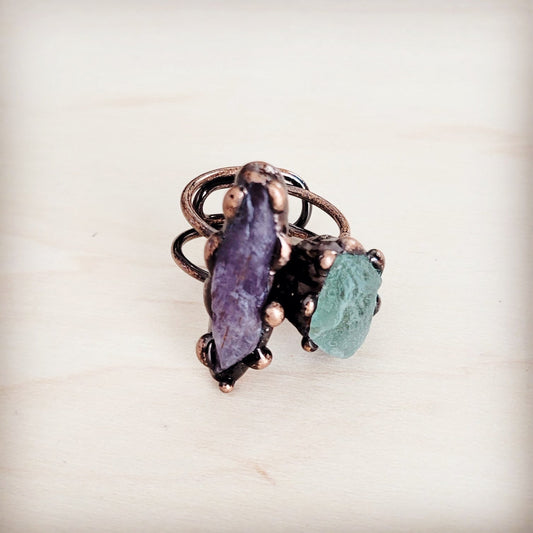 Genuine Amethyst and Quartz Ring in a Copper Setting 012a