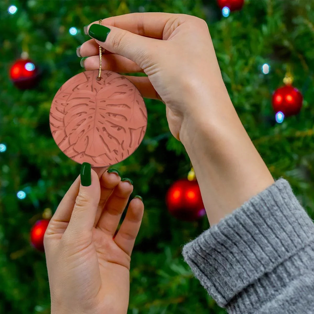 Coral Monstera Ceramic Ornament