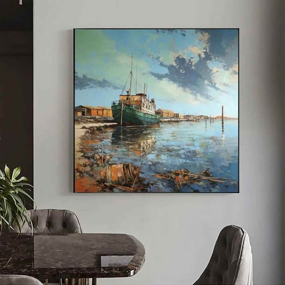 Landscape Oil Painting On Canvas Abstract Pier Scenery Wall Art Custom Boat Painting Bedroom Large Wall Decor Gift Painting