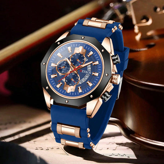 Men's Business Quartz Watch with Calendar | Durable Silicone Strap, Blue & Golden-Tone Business Casual Watch, Ideal Gift for Him