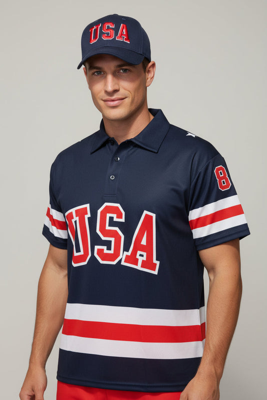 USA Hockey Officially Licensed "Miracle on Ice 1980 Team" Jersey Navy Polo Shirt