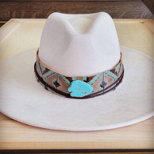 Wide Genuine Leather Turquoise Navajo Hat Band w/ Turq 953i