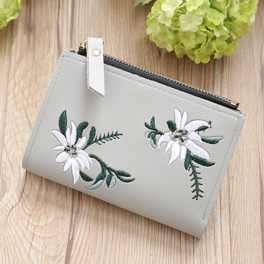 Women's Embroidered PU Leather Zipper Wallet - Slim Korean Style Floral Coin Purse