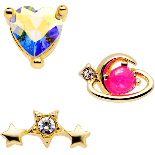 16G 5/16 Pink Faux Opal Gold Tone Heart Labret Tragus Set of 3