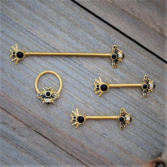 14G Clear Black Gem Gold Tone Bug Out Bee Insect Industrial Barbell 38mm