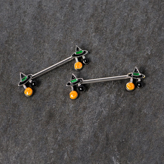 14G 5/8 Trick or Treat Witch Hat Halloween Nipple Ring Set