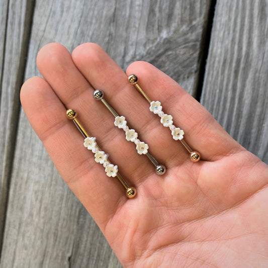 14G Clear Gem White Flower Industrial Barbell 38mm