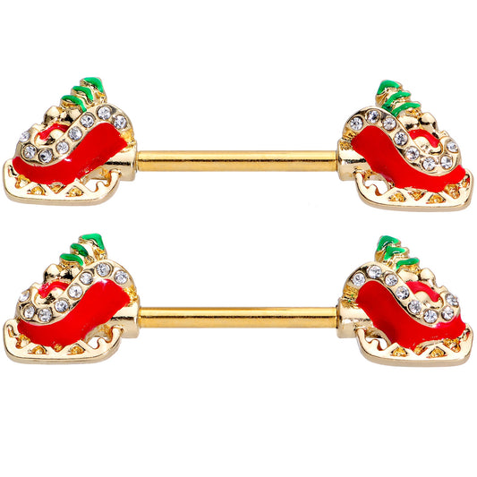 14G 9/16 Clear Gem Santa Sleigh Christmas Barbell Nipple Ring Set
