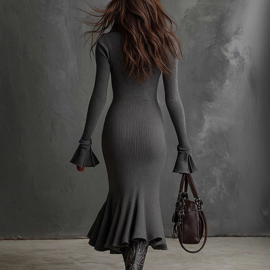 Pleated-collar Flared-sleeve Knitted Mermaid Skirt
