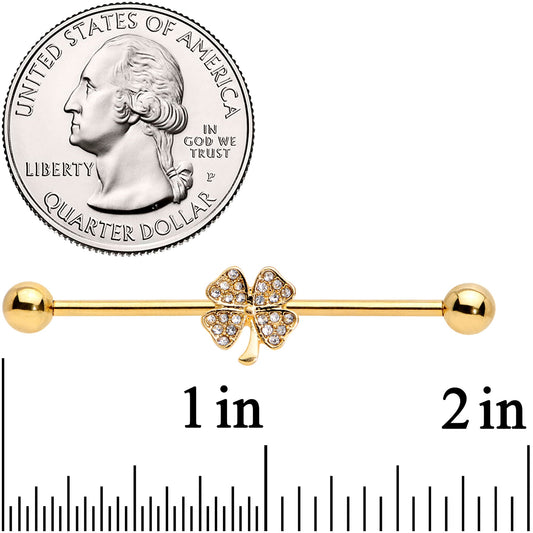 14G Clear Gem Gold Tone Shamrock Industrial Barbell 38mm