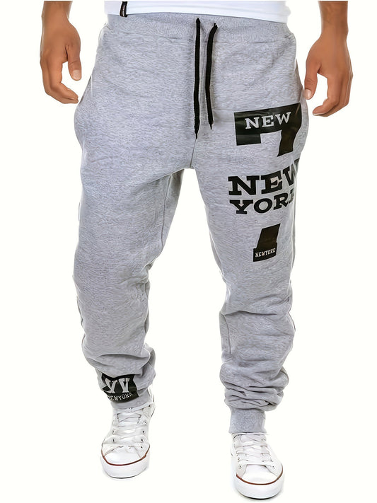 2024 Men'S Regular Fit Solid Color Sports Pants Featuring Dual Side Pockets And a Drawstring, with a Stylish 'NEW YORK' Print, Ideal for Casual Wear And Outdoor Activities