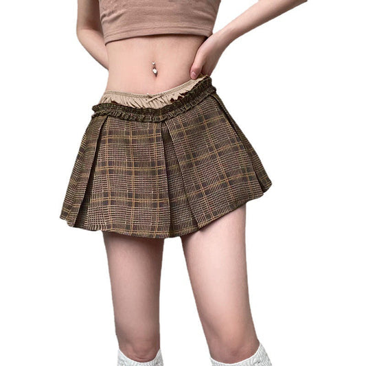 Fake Two Piece Wooden Ear Edge Plaid Short Skirt