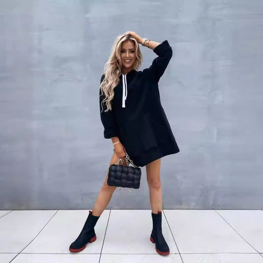 Women's Hooded Sweatshirt With Pockets Fashion Casual Split Mid-length Sweater Drawstring Tops