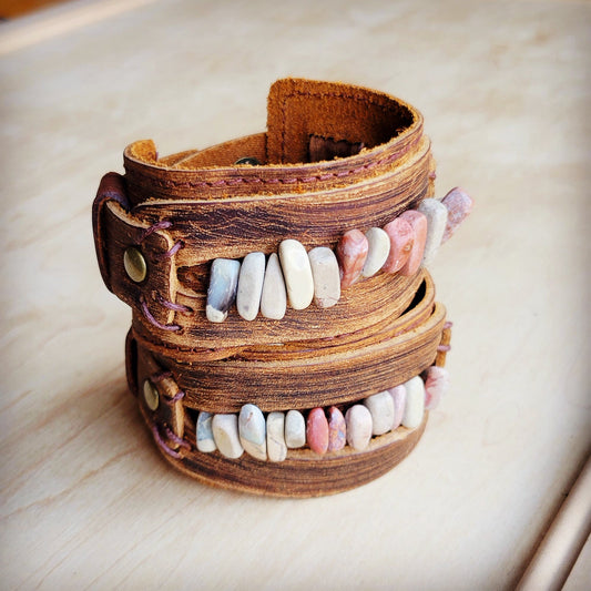 **Genuine Leather Cuff with Aqua Terra Gemstone Chunks 005e