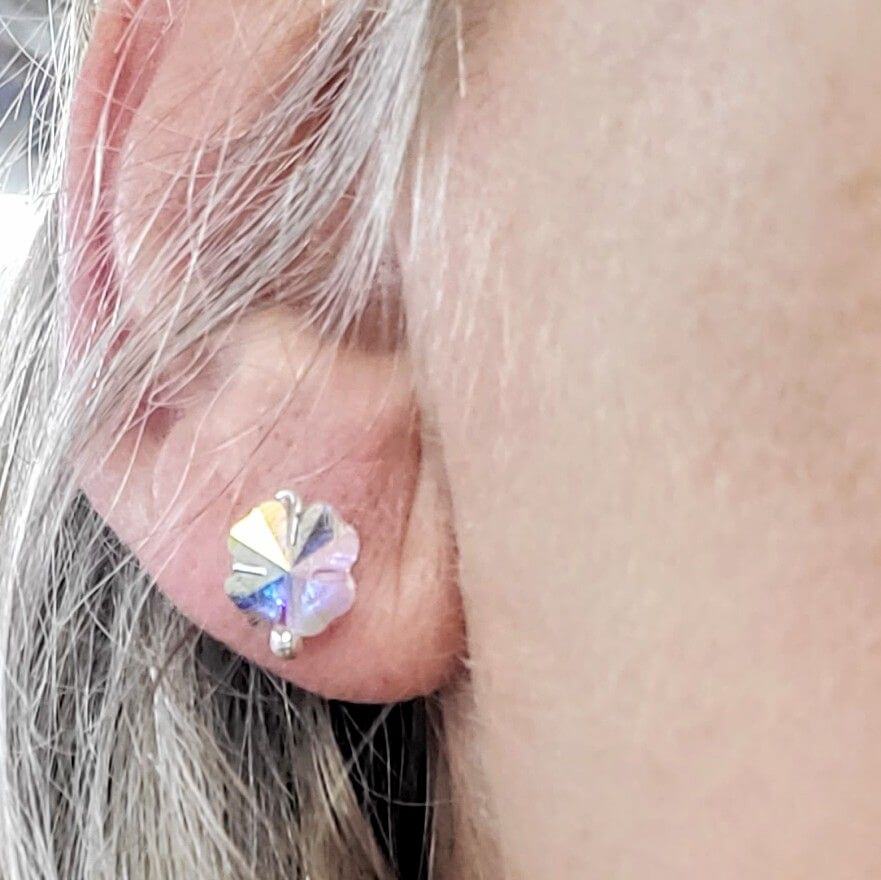 8mm Crystal Clover Silver Spiral Ear Studs