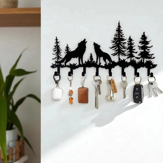 Rustic Mountain Key Holder: Metal Wolf & Forest Wall Organizer