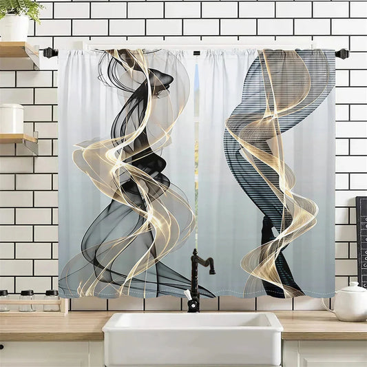 2 Pcs Abstract Art Curtains Black Gold Streamline Pattern Living Room Bedroom Window Decorative Curtains Modern Minimalist Style