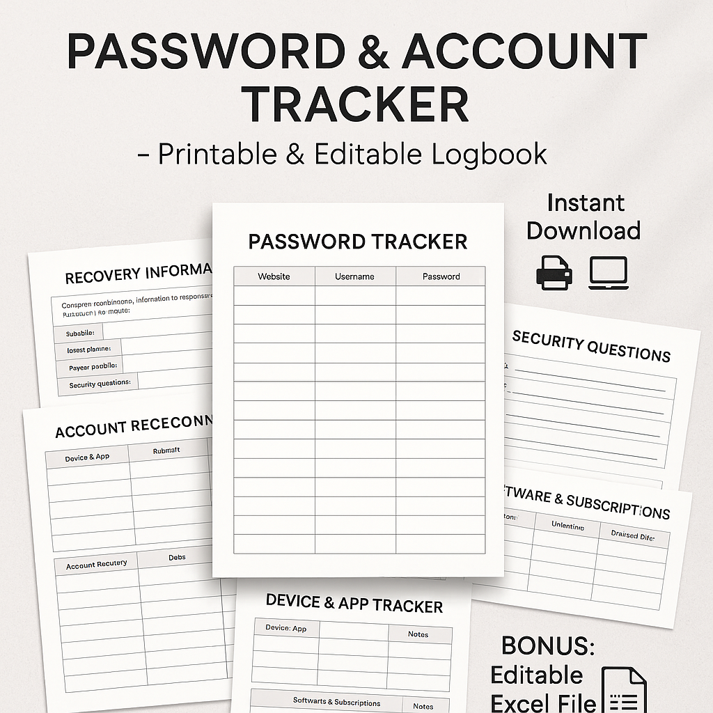 Password & Account Tracker – Printable & Editable Logbook