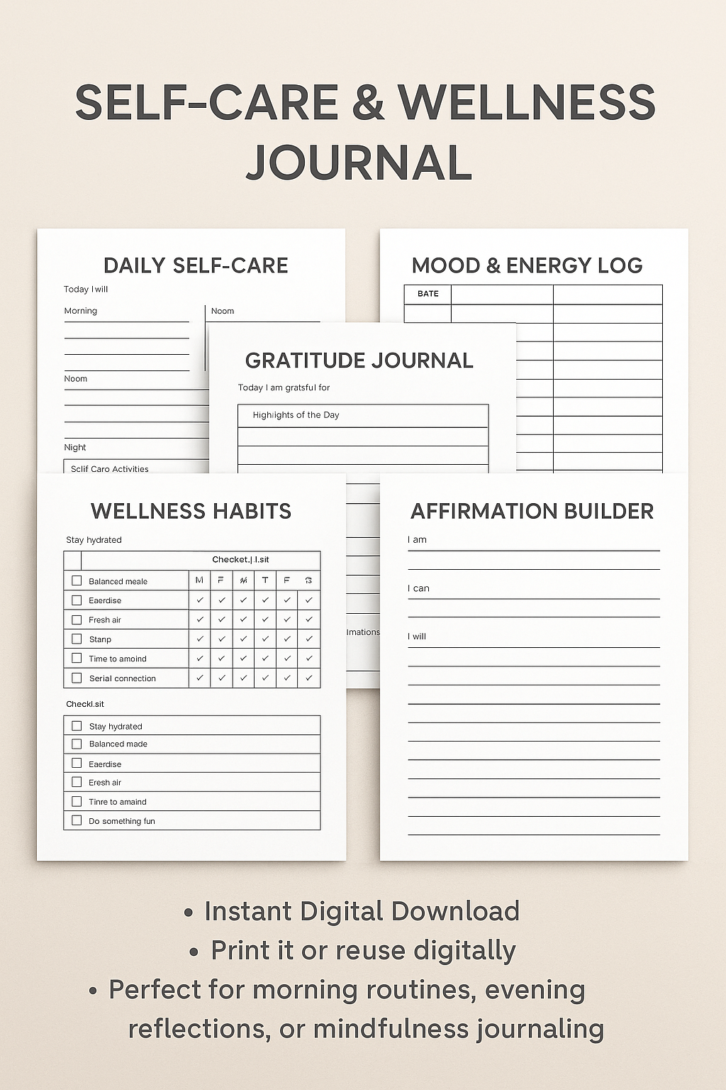 Self-Care & Wellness Journal – Printable PDF Set