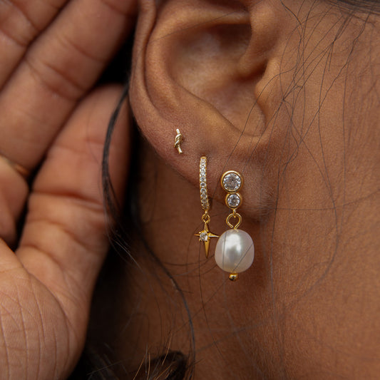 Dangle Natural Pearl CZ Bezel Bar Drop Bridal Stud Earrings