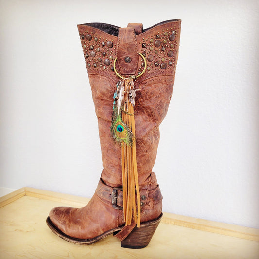 **Boho Western Leather Boot Bling Charm Peacock & Turquoise 500h