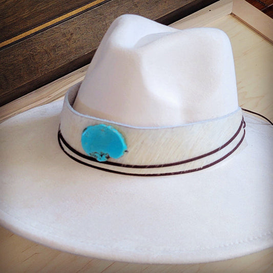 Wide Hair Hide Leather White Hat Band w/ Turq 954n