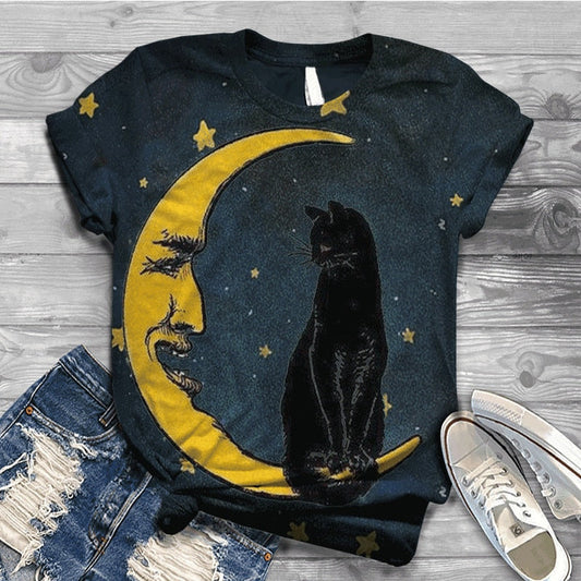 Women Summer Short Sleeve Digital 3D Cat Printed O-Neck Tops T Shirt Femme T-Shirts