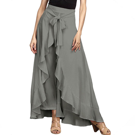 Women Pants Causal Ruffle Drawstring TrouserHigh Waist Loose Dancing Outfits Palazzo Skirt