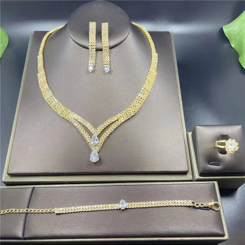 Fashion Crystal Bridal Jewelry Sets Silver Color Geometric Choker Necklace Earrings Bracelet Ring Four-piece Wedding Jewelry Set