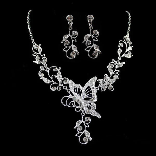 Wedding Jewelry Set Bride Rhinestone Jewelry Set Silver Plated Butterfly Choker Necklace Earrings Set Jewelry For Women Girls