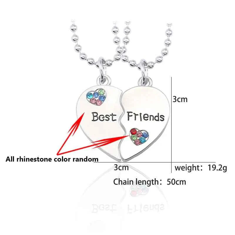 Trendy Best Friends Pendant Necklace for Women Full Rhinestone Love Heart Bff Friendship Pendants Necklaces Jewelry Accessories