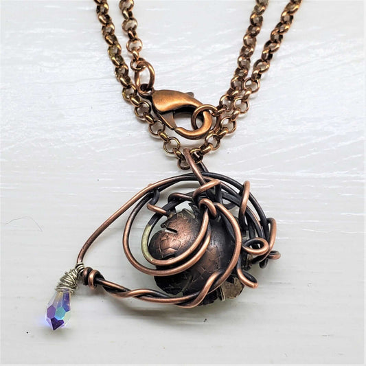Handmade Asymmetric Wire Sculpted Green Crystal Copper Eye Necklace