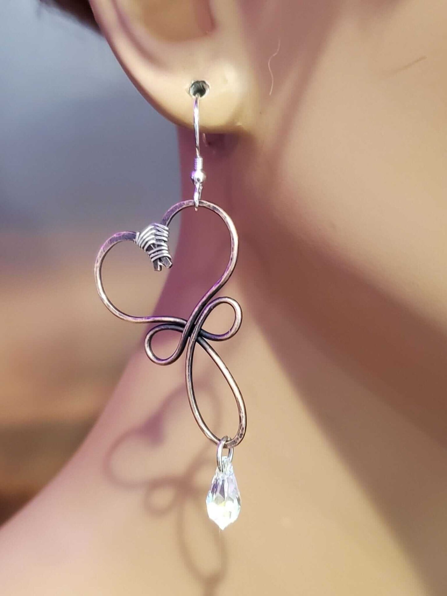 Handmade Copper Wire Sculpted Heart Crystal Drop Earrings