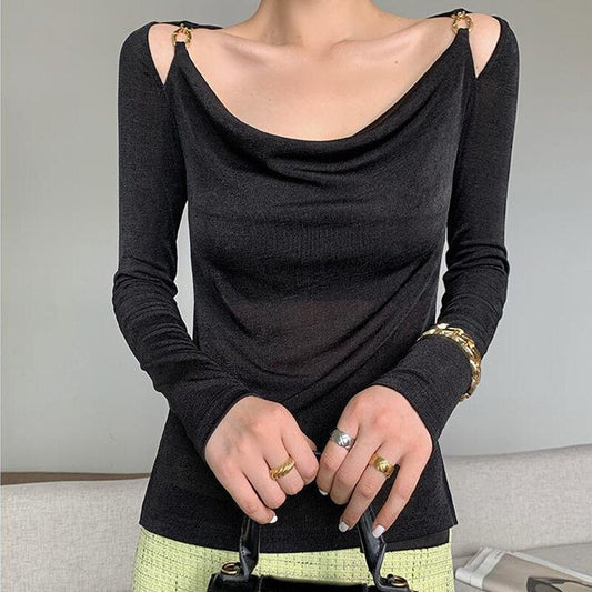 Sexy Swing Collar Cropped Tops Women Autumn Metal Design Skinny Long Sleeve T-Shirt Outwear