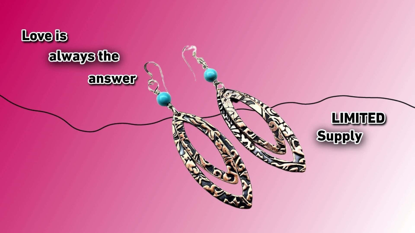 Copper Embossed Pointed Oval Turquoise Bead Earrings