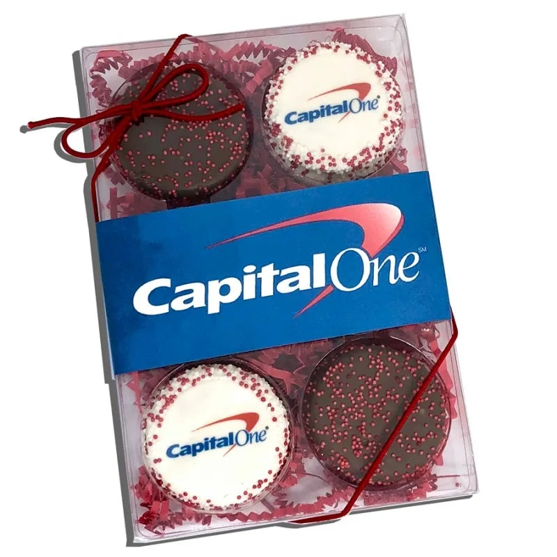 Logo Hand Dipped & Decorated Sandwich Cookie-Clear Gift Box of 6 with Sleeve Option (3 Logo +3 Plain)