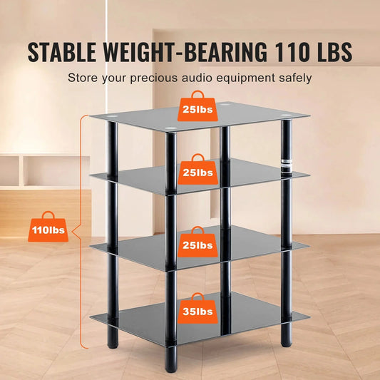 SucceBuy 4-Tier AV Media Stand Audio/Video Stand with Strengthen Tempered Glass Shevles for DVD Adjustable Media Storage Cabinet
