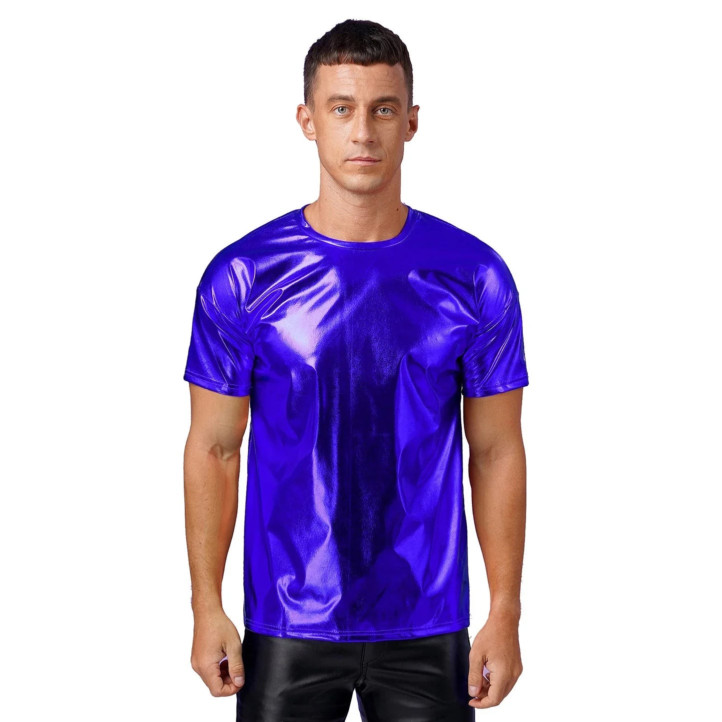 Mens Dance Shirts Tops Party Performance 80s Clothes Metallic Shiny Short Sleeve Round Neck T-shirt for Club Show Role Play