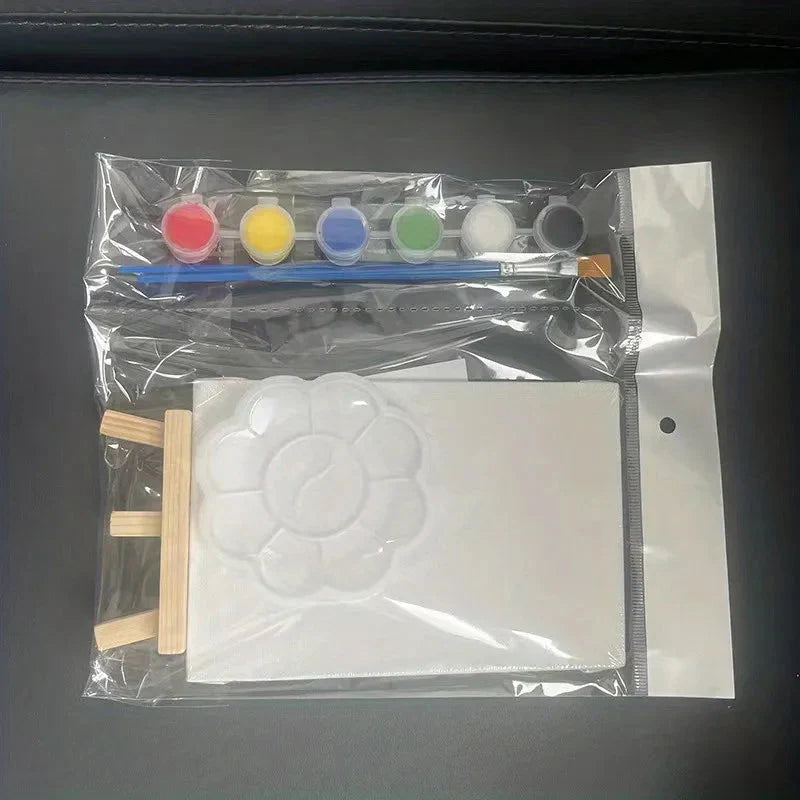 1 set of painting kit, 1 drawing board, 1 easel, 2 pens, 6 colors of paint, 1 palette, mini drawing board, acrylic paint
