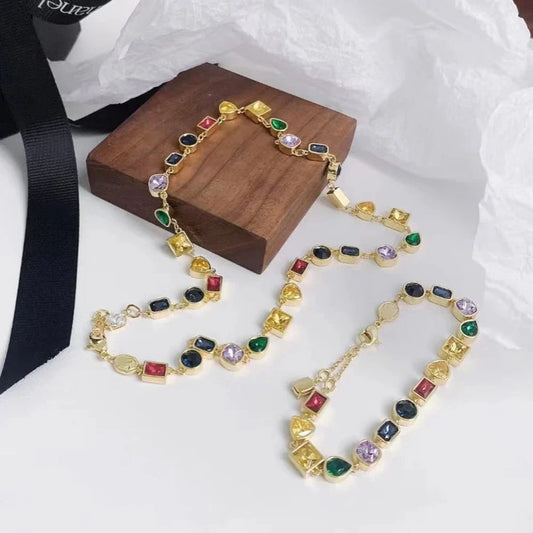 Luxury Fashion Women's Jewelry Colored Gems Set Sterling Silver Necklace Bracelet Plated With 18K Rose Gold Banquet Party